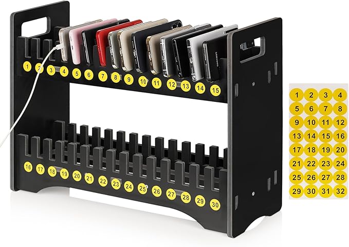 Ozzptuu Cell Phone Holder Classroom Cell Phone Storage 2-Tier Multiple Cell Phone Stand Rack with 1-30 Number Stickers PVC Board Mobile Phone Holder Desktop Organizer for Classroom (Black, 30 Slots)