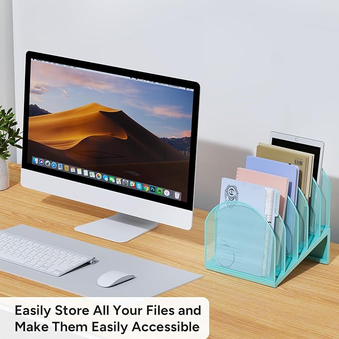 OUTIOE 5-Section Desk File Organizer, Metal Mesh Folder Organizer for Documents, Mail & Office Papers (Blue)