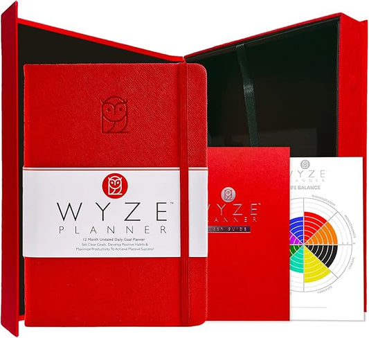 Wyze Planner Undated Daily Planner – 1-Year B5 Productivity Organizer with Two-Page Weekly Spread, Goal Setting, Habit Tracker, Weekly & Monthly Pages – Hardcover Time Management Notebook (Red)