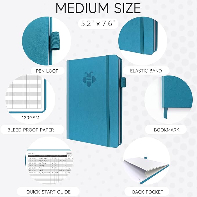 KUMEER Check Register – Elegant Check Registers for Personal Checkbook with Check & Transaction Registers, Hardcover Checkbook Log 5.2x7.6" (Turquoise)