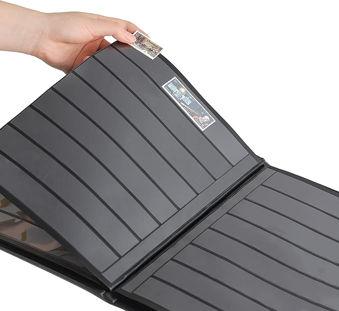 Stamp Albums 160 Pockets - Stockbooks with 30x197mm Sleeves, 10 Double Sided Black Page with Leatherette Padded Black Cover, Collection Storage Folder for Paper Money Postage Stamps AS0108BK