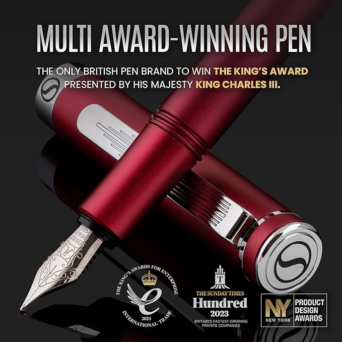 Scriveiner Luxury EDC Fountain Pen (Fine), Stunning Matt Red Pocket EDC with Chrome Finish, Schmidt German Nib, Converter, A Great Writing Gift Set for Men & Women, Nice Fancy Office Designer Pen