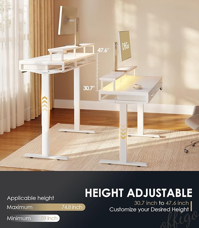 OffiGo Electric Standing Desk with Drawers, 63 Inch Height Adjustable Desk with Power Outlets & LED Lights, Sit Stand Table with Monitor Stand for Home, Office, Workstation, White