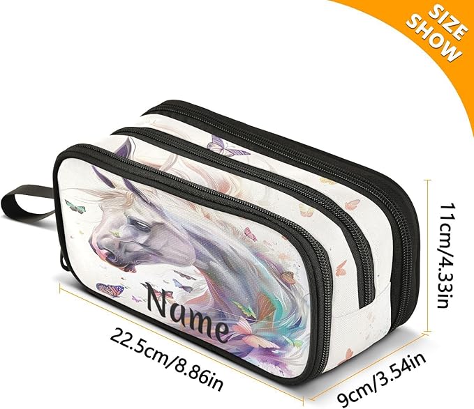 BOENLE Custom White Horse Butterflies Pencil Case Box Boys Girls Personalized Name Large Pencil Pouch Stationery Pen Bag Organizer for Kids Adults School Office