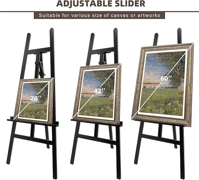 Stuelloaf Large A-Frame Wooden Painting Display Black Easel, Large Adjustable Pine Wood Standing Easel Holding Canvas Up to 60'', Solid Wood for Display, Wedding Sign or Painting-Black