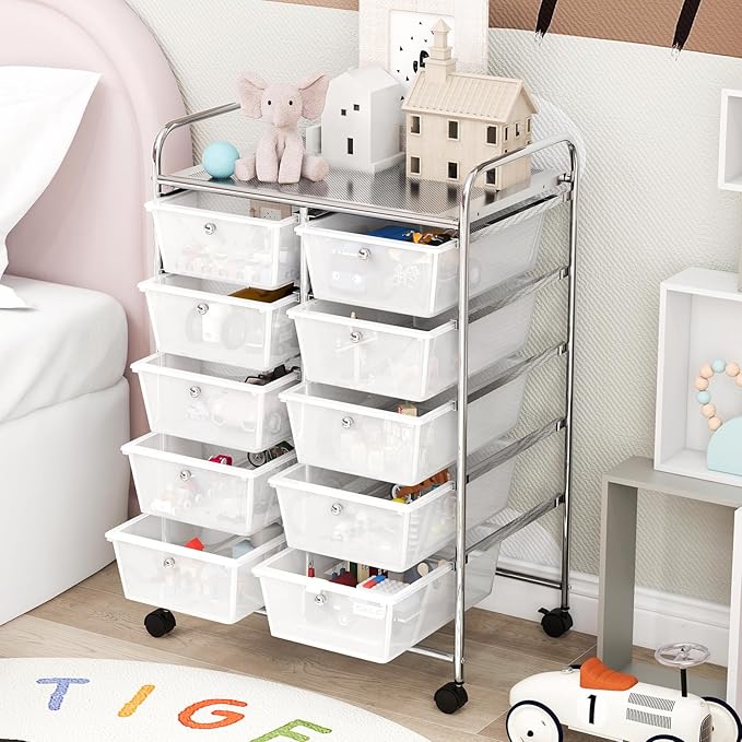 GOFLAME 10-Drawer Rolling Storage Cart, Art Craft Storage Organizer on Wheels, Multipurpose Movable Utility Cart for School, Office and Home, Clear