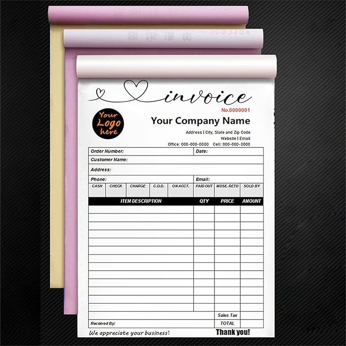 Custom Invoice Book in 3-Part /2-Part Receipt Book with Carbon Copies Personalized Carbonless Service Invoice Form Books Sales Order Book with Company Name Logo Address,F-Invoice Book