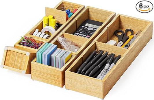 VA1KENE 6PCS Desk Drawer Organizer Tray with 12 Compartments – Bamboo Office Storage Boxes Set for Junk Drawer Supplies, Utensils, Cosmetics, Jewelry and More