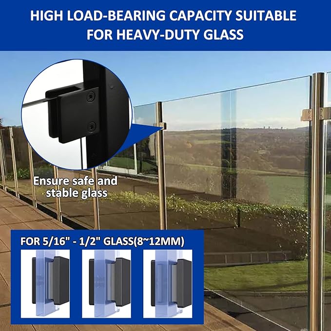 Glass Clamp－4PCS Adjustable Glass Shelf Bracket, 1/3 "-1/2 " 304 Stainless Steel Glass Clamps, Glass Clamp Bracket is Suitable for Railing, Stairs, Glass Wall, All Kinds of Glass (Black-4pcs)