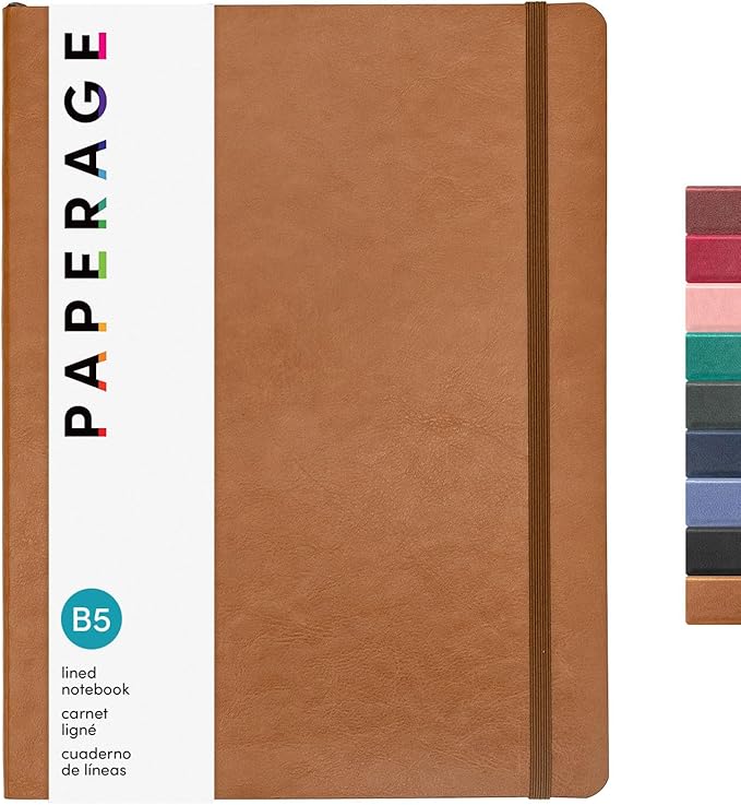 PAPERAGE Softcover Lined Journal Notebook (Cognac), 176 Pages, Large B5 College Ruled Notebook, 7.5 inches x 9.8 inches - 100 GSM Premium Paper, Soft Vegan Leather Journal for Home, Work & School