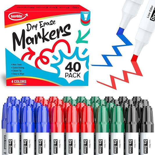 ANYUKE Low Odor Dry Erase Markers, Chisel Tip Whiteboard Markers Non-Toxic, 40 Count 4 Colors Dry Erase Pens, White Board Markers Dry Erase for Classroom Must Haves, Teacher & Office Supplies