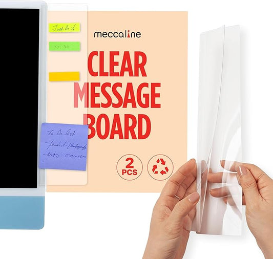 MECCALINE Monitor Memo Board 2Pcs - Flexible Clear PET Computer Screen Sticky Note Holder - Side Panel Message Organizer - Versatile Office Desk Accessories - Cool Home Office Supplies - 3.1" x 11.8"