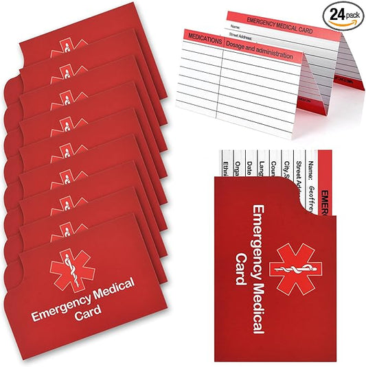 24 Pack Red Emergency Medical ID Wallet - Pocket Size, Medication List, Caretaker Cards