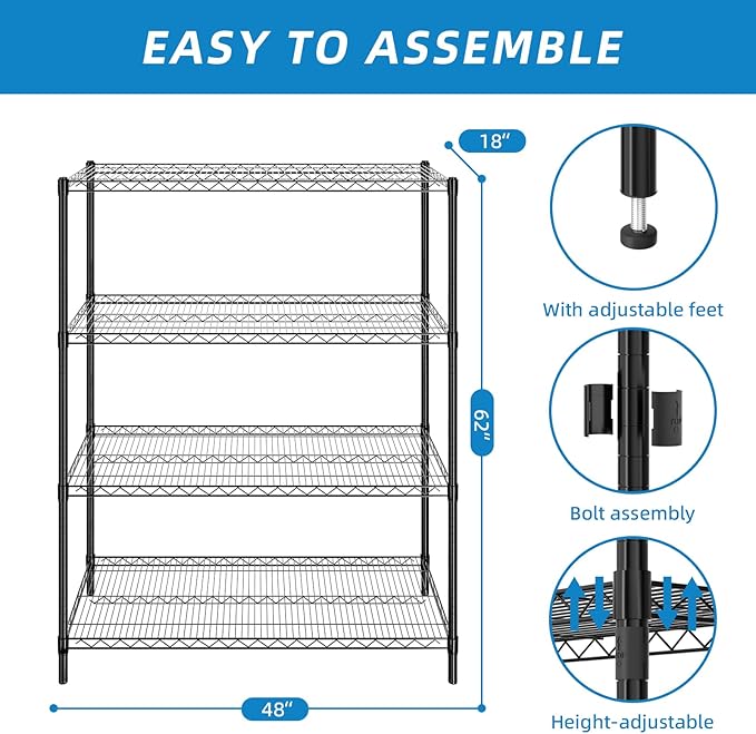 Guan River 4-Shelf Adjustable Metal Shelf Wire Shelving Unit Heavy Duty Storage Rack Display Shelf for Office,Kitchen,Bedroom,Bathroom,Laundry,Pantry Basement,Garage(Black,48" L x 18" W x 62" H)