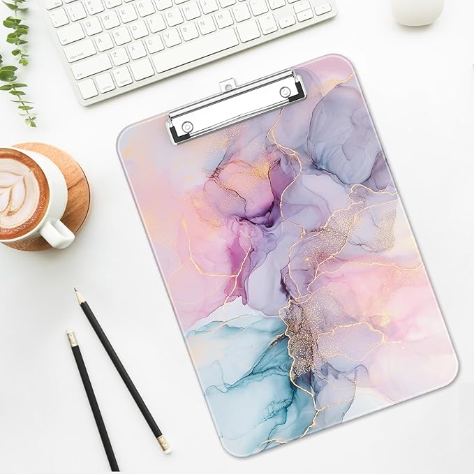Luminzo Plastic Cute Clipboard Low-Profile Metal Clip, A4 Letter Size 9 x 12.5 in, 8.5 x 11 Paper Clip Board for Teachers, Nurses, Classroom,Pink Dream Marble