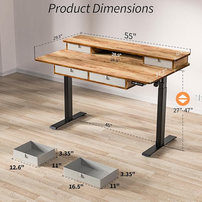Kingant 55 x 30 Inch Electric Standing Desk with 4 Drawers, Adjustable Height Computer Desk for Home Office, Large Workstation Sit Stand Up Desk with Built-in USB A/C Ports, Light Rustic Brown
