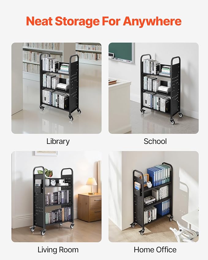 VEVOR Rolling Library Book Cart, 330 lbs Capacity, 30.3 x 15 x 48.0-Inch Library Cart, Single Sided L-Shaped Shelves with 3-Inch Lockable Wheels, Book Truck for Home Shelves Office and School, Black