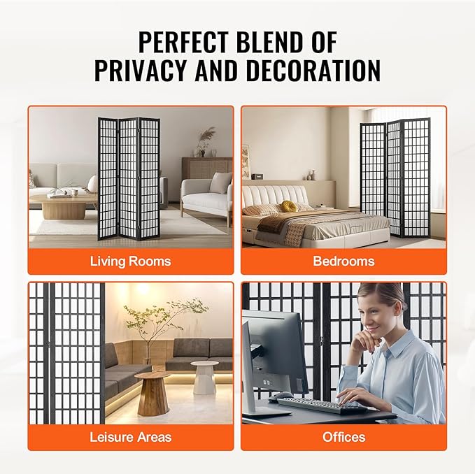 VEVOR Room Divider, 3 Panel Japanese Room Divider, Wood Folding Privacy Screen Indoor, Japanese Partition Dividers Portable Decoration Screens, for Room Separation Home Office Restaurant & Bedroom