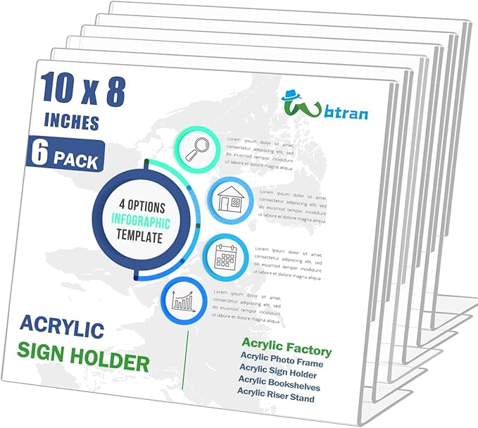 Wbtran Slanted Back Acrylic Sign Holder 8 x 10 Horizontal, Acrylic Stands for Display 10 x 8, Clear Tabletop Plastic Paper Sign Holder for Office, Home, Restaurant (6 Pack 10x8 Inches)