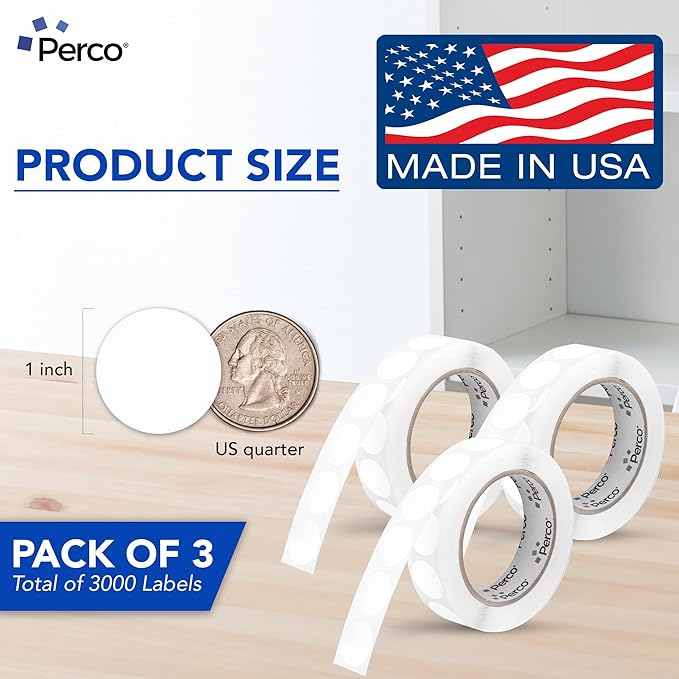 Perco White 1-Inch Round Circle Dot Sticker Labels - Multi-Roll Pack (3 Rolls, 1,000 Labels Each) - Permanent Adhesive, Vibrant Colors, Strong Hold - Perforated for Easy Use - Made in USA