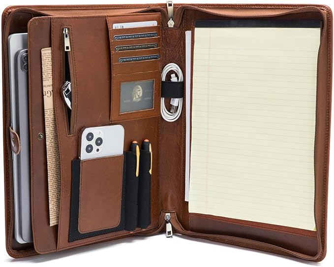 Geslun Personalized Genuine Leather Portfolio, Legal Size 8.5 x 14 Pad Holder, Custom Engraved Business Padfolio for Men Women, Zip 14" Laptop Organizer, Professional Notepad Folio, Brown, Oil Tanned