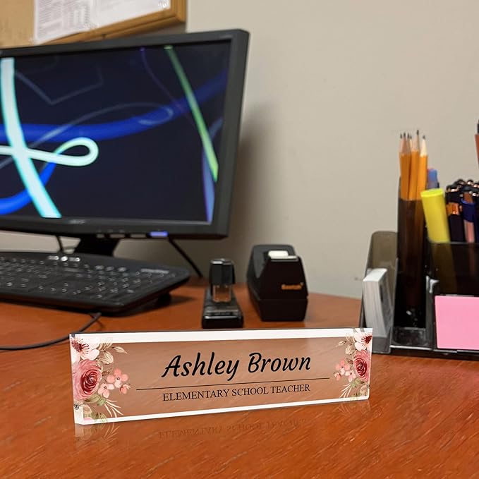 Signs ByLITA Floral Pattern Customized Nameplate | Rustic Rose Personalized Full Color Acrylic Desk Sign