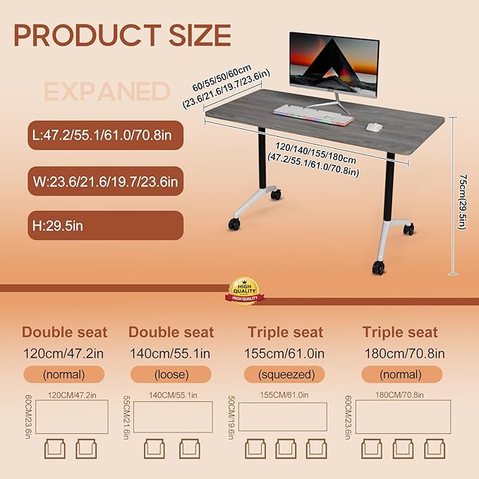 Folding Conference Table 4ft 5ft, Foldable Office Meeting Desk for 6 People, Multiple Sizes Colors Mobile Conference Room Table for Training Room School Business Furniture (2, Grey, 63in)