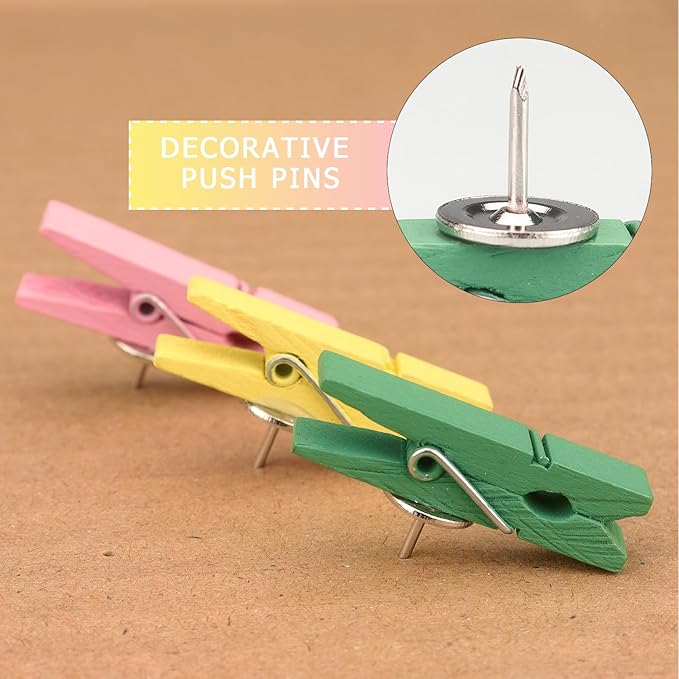 50 PCS Wooden Clips Colorful Push Pins Tacks for Cork Board Artwork, Crafts Arts Projects(Macaron)