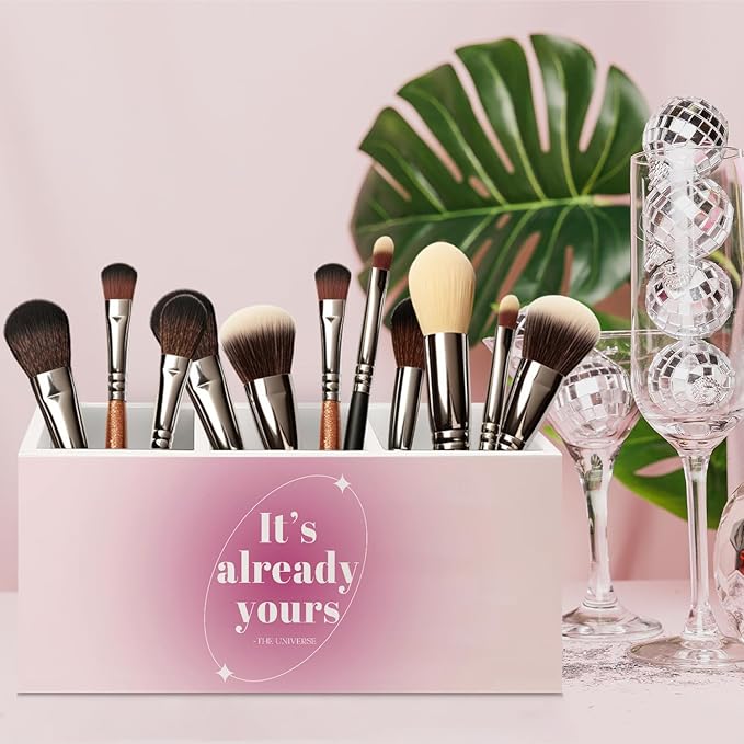 URLLUAE Preppy Pink Aura Inspirational Wooden Pen Pencil Holder for Office Desk Accessories, It's Already Yours the Universe Spiritual Positive Makeup Brush Toothbrush Holder Organizer