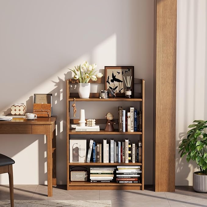 AnywaysWood 4 Tier Solid Wood Open Shelf Bookcase,Modern Wooden Display Bookshelf,Farmhouse Wide Bookshelves, Freestanding Storage Cabinet for Study Room Office Living Room sunroom