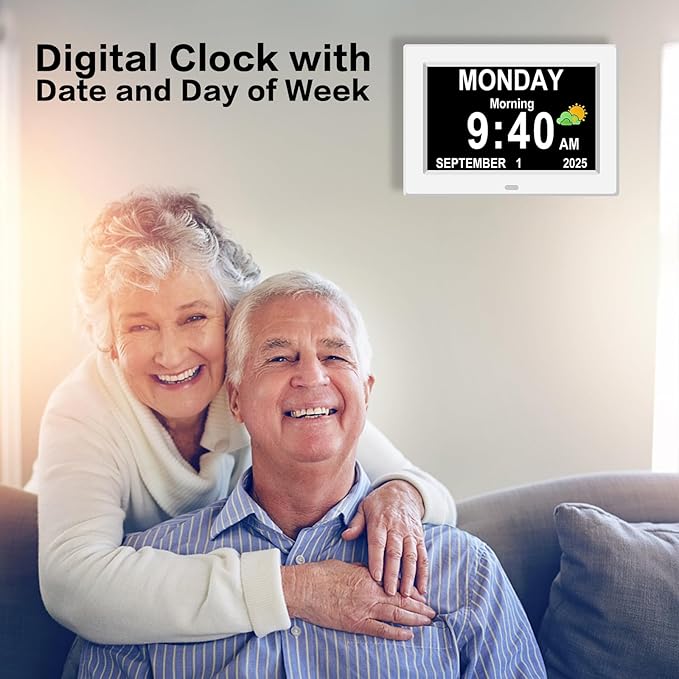 DIWAKREM 7'' Large Display Digital Clock for Seniors, Digital Calendar Alarm Clock for Elderly Clock with Date Day of Week 12 Alarms 4 Colors Desk Wall Clocks for Alzheimers Dementia Auto DST/Dimmer