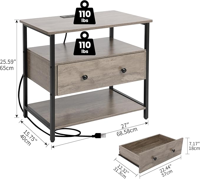 Edbuosy 27 Inch Wide Night Stand with Charging Station, Wood Nightstand with Open Shelf, Large Drawer Bedside Table for Living Room/Bedroom/Office (Rustic Gray)