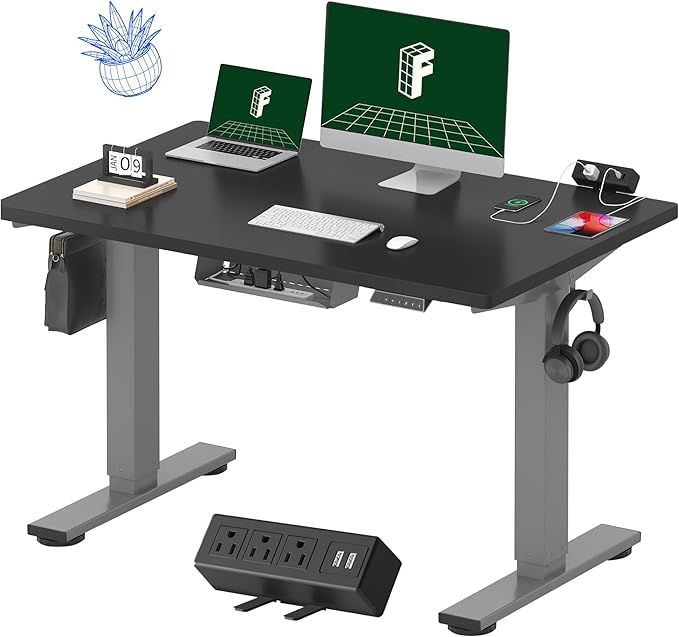 FLEXISPOT EN2 Whole-Piece Standing Desk with Clamp Power Strip, 48 x 30 Electric Stand Up Height Adjustable Desk with Cable Management (Gray Frame + 48" Black Top, 2 Packages)