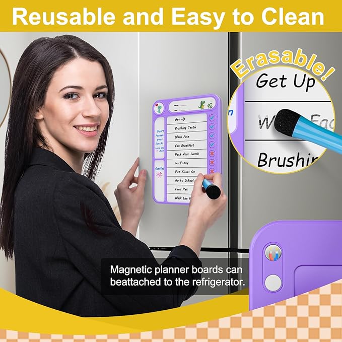 2-Pack Magnetic Chore Chart for Kids, ADHD Task Tracker Easy-Check Routine Dry Erase Board, to-Do List Planning Tool with Stand for Fridge/Desk/Home/School, 6 Reusable Sheets, 4 Markers Purple