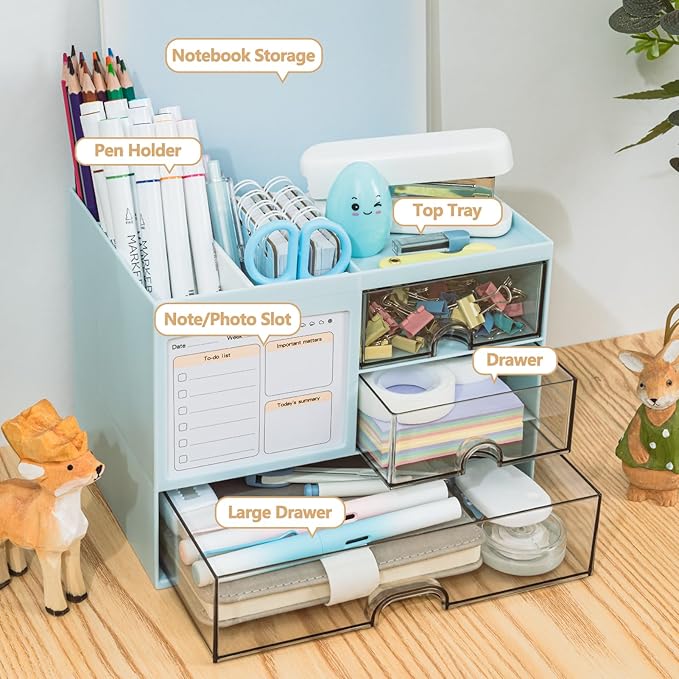 QIYVLOS Desk Organizer with 3 Drawer, Multi-Functional Pencil Pen Holder for Desk, Desk Organizers and Storage with 8 Compartments, Desktop Organizer for Office Home Art Supplies (Blue)