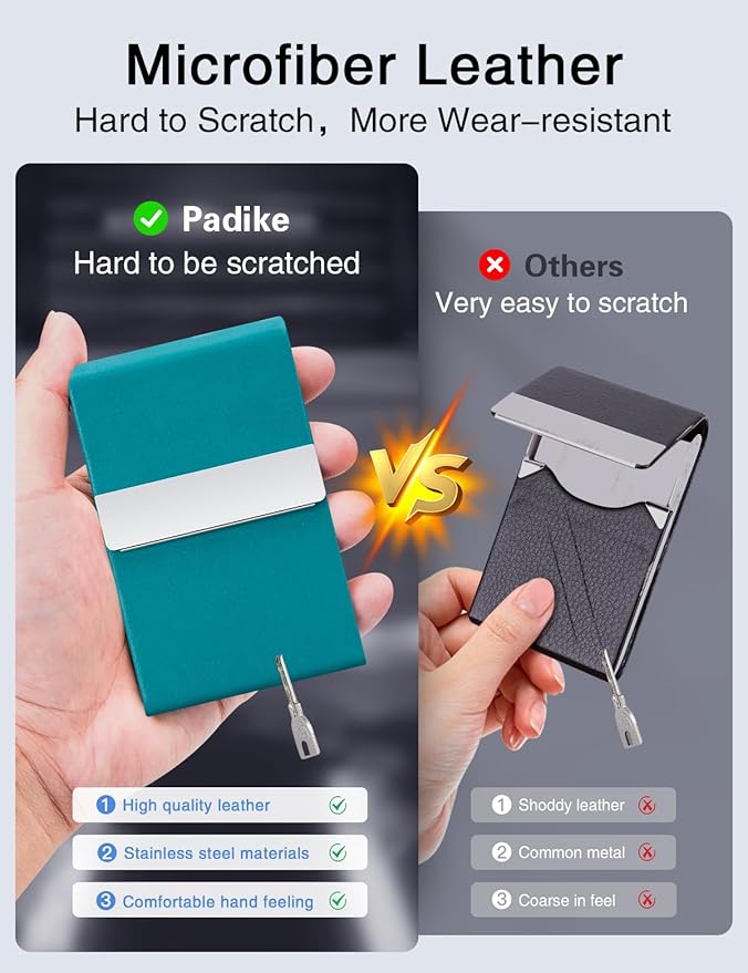 Padike Professional Business Card Holder PU Leather Business Card Case Name Card Holder Slim Metal Pocket Card Holder with Magnetic Shut (Y-Blue green)
