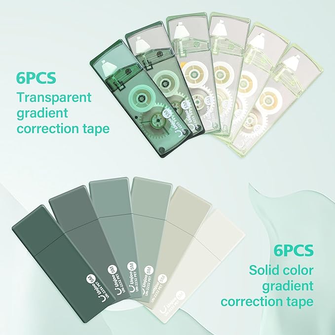Unjoo White Correction Tape, Easy To Use Applicator for Instant Corrections, For school, Office Workers (Gradient Green, 5M/196" x 0.2",12pack)