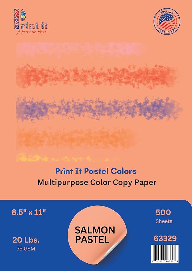 Printit Colors Multipurpose Paper, 20 lbs., 8.5" x 11", Salmon, 500 Sheets/Ream – Premium Colored Copy Paper for Printing, School, and Office Use