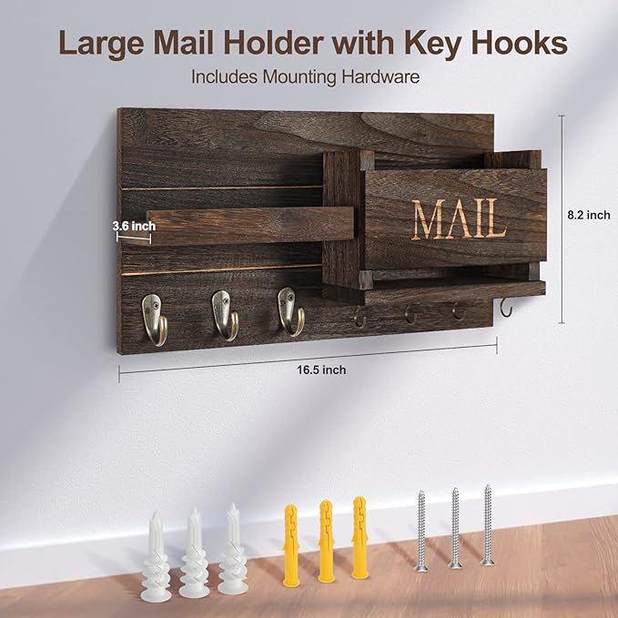 Lwenki Mail Organizer for Wall Mount – Key Holder with Shelf Includes Letter Holder and Hooks for Hallway Farmhouse Decor – Rustic Wood with Flush Mounting Hardware (16.5” x 9.1” x 3.4”) (Brown)