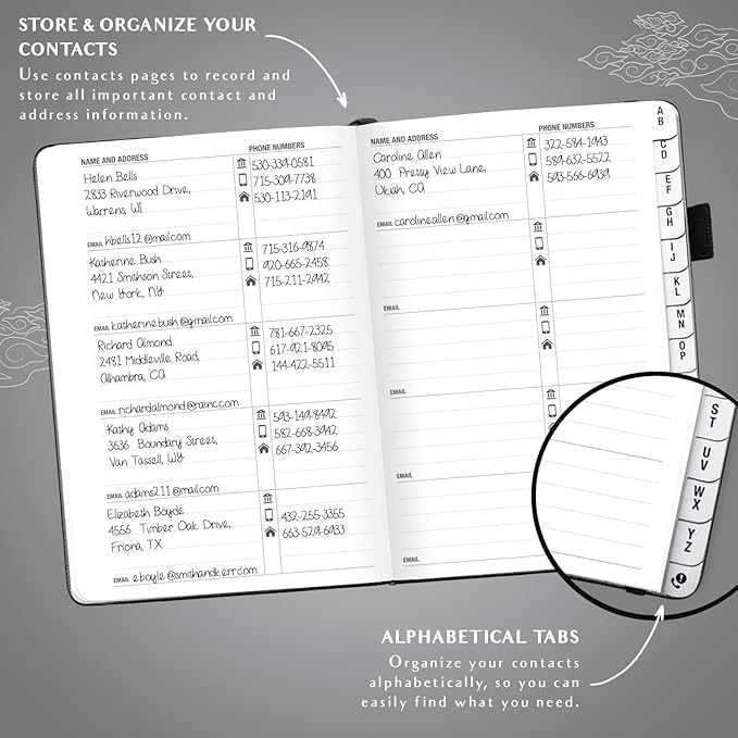 Legend Planner Address Book with Alphabetical Tabs –Telephone Contacts Book for Phone Numbers, Addresses, Passwords, Medium (Black)