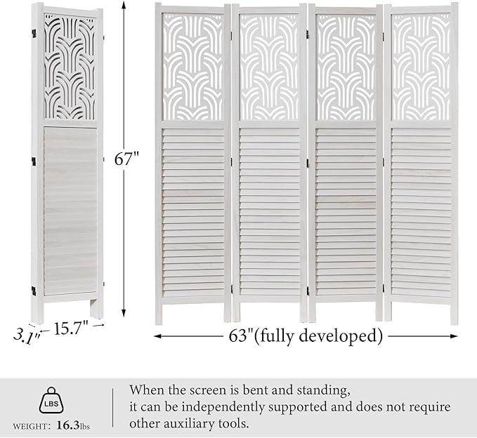 Svimi Folding Room Divider, 66.9 Inch 4 Panels Wood Carved Privacy Screens, Free Assembled Freestanding Portable Separation Wall for Home Office Restaurant Bedroom (White)