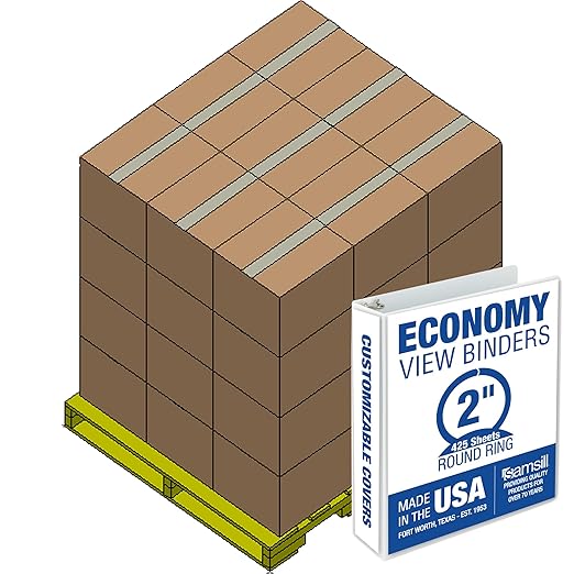 Samsill Economy 2 Inch 3 Ring Binder Bulk Pallet, Made in The USA, Round Ring Binder, Customizable Clear View Cover, White, Pallet of 432 Binders in 36 Cartons