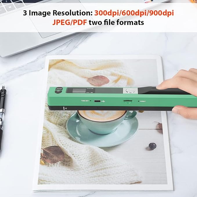 Marhynchus Portable Scanner Handheld Document Scanner with 300DPI 600DPI 900DPI Resolution Modes USB Connection for Business Home Office Use (Green)