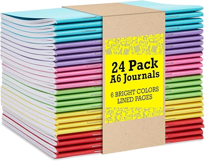 A6 Lined Journals 24 Pack – Mini Notebooks for Writing, Note Taking, or Sketching – Small Journal Bulk Set for Students, Kids, School, or Office Use – 6 Assorted Bright Colors, 4.3x5.5 Inch