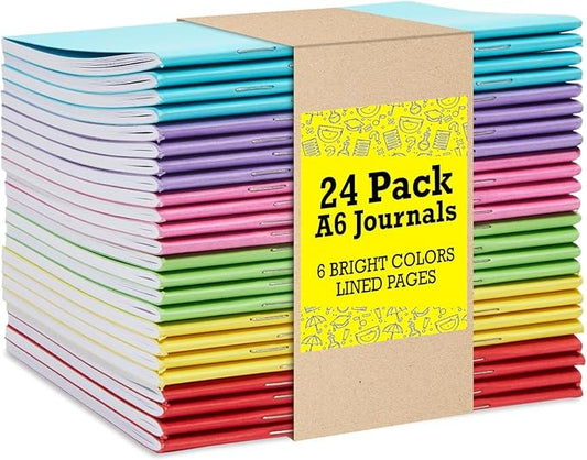 A6 Lined Journals 24 Pack – Mini Notebooks for Writing, Note Taking, or Sketching – Small Journal Bulk Set for Students, Kids, School, or Office Use – 6 Assorted Bright Colors, 4.3x5.5 Inch