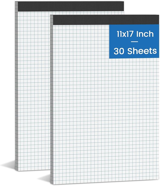 2 Pack Graph Paper Pad 11x17 for Blueprint Drawings, Drafting, Engineering Drawing, and Planning, 4x4 Quad Ruled Blueprint Quadrille Paper, Perforated Large Grid Paper Drafting Paper 30 Sheets/Pad