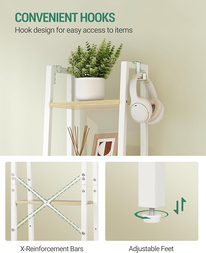 Hzuaneri Ladder Shelf, Bookshelf Bookcase, Freestanding Corner Storage Shelve with 2 Hooks for Home Office, Living Room, Kitchen, Bedroom, Industrial, 11.8" D x 13.4" W x 63" H, White Oak and White