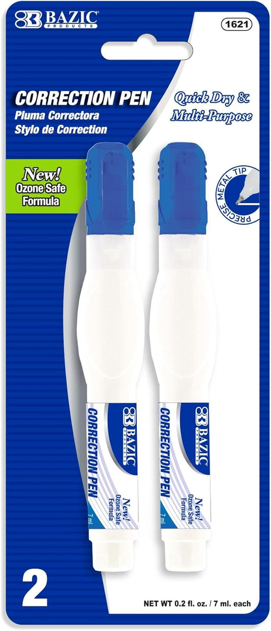 BAZIC Products Correction Pen - Corrections Fluid, Precise Metal Tip White Out, Ideal for School & Office Supplies, Alternative to Correction Solution, 2/Pack, 24-Packs