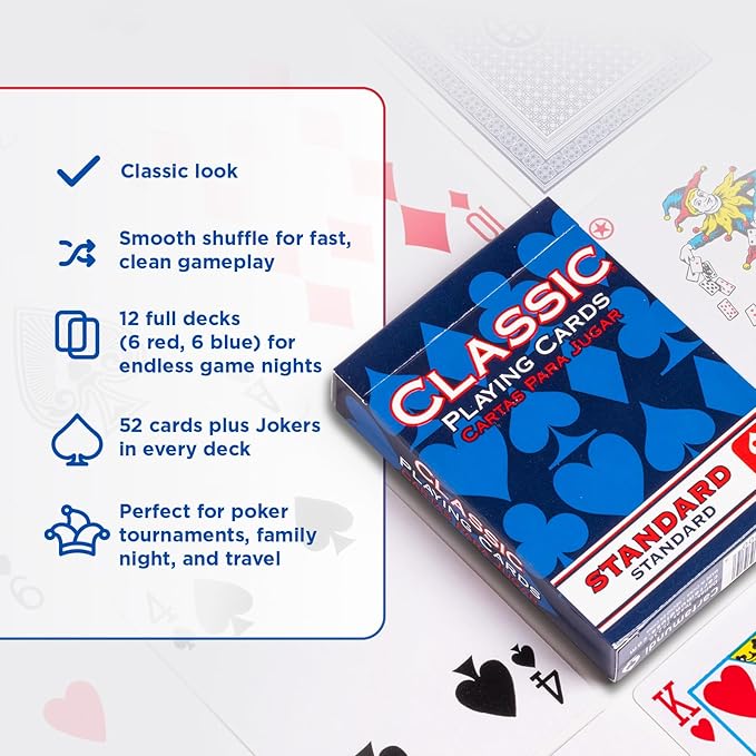 Classic Playing Cards 12 Pack, Standard Index, Red and Blue Casino Quality Bulk Playing Card Decks, Bulk Playing Cards for Poker, Black Jack, Euchre, Card Games, and Family Game Night