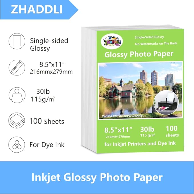 ZHADDLI Inkjet Glossy Photo Paper, 8.5X11 Inches,Pack of 200 Sheets, Compatible with Inkjet Printer Use DYE INK，Glossy Thin Inkjet Paper115gsm
